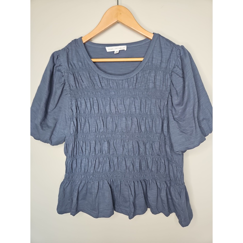 Jane + Delancey Blouse XL Blue Gray Puff Sleeve Smocked Cotton Coastal Boho Chic - Picture 2 of 14